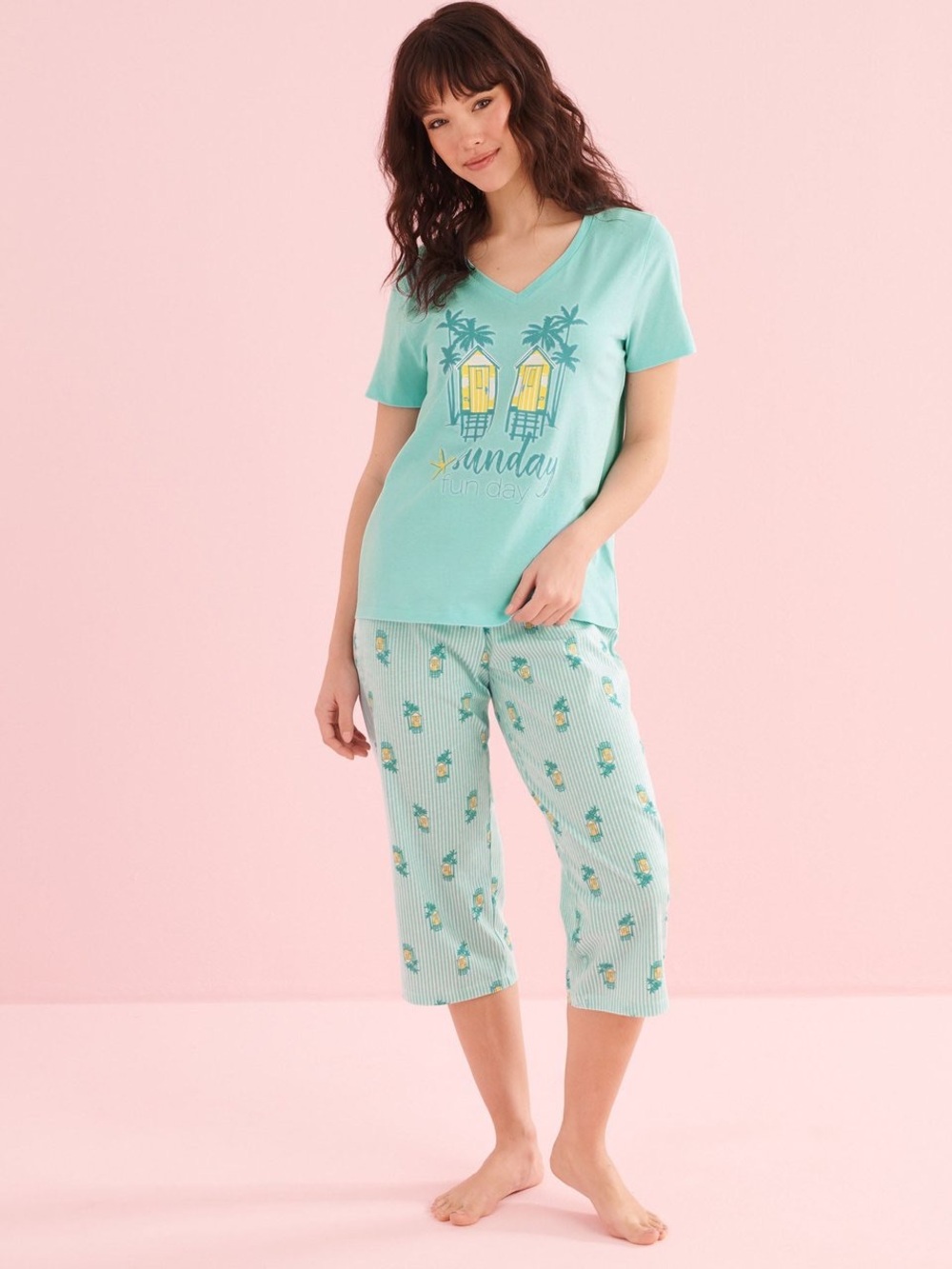 NWT Women’s baby blue capri /short Sleeve Pajama Set - Sunday Funday